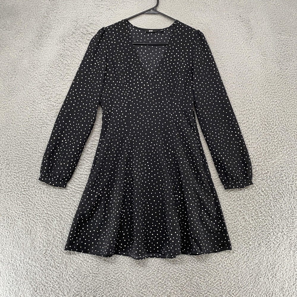 Uniqlo Dress Womens‎ Small Black Polka Dot Fit Flare Mini V Neck Long Sleeve